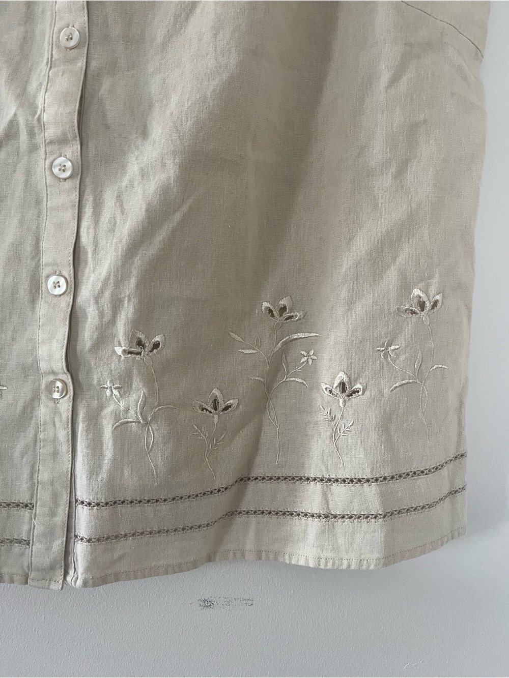VINTAGE Beige Linen Cottagecore Button Up Vest Top 1X Embroidered Eyelet Prairie - Picture 4 of 7